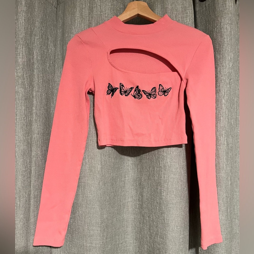 Urban Outfitters Butterfly Embroidered Pink Crop Top